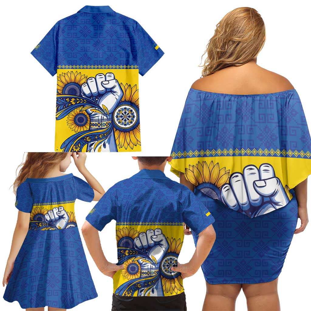 Ukraine Sunflowers Hand Family Matching Off Shoulder Short Dress and Hawaiian Shirt with Ukrainian Folk Pattern - Wonder Print Shop