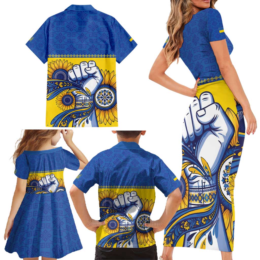 Ukraine Sunflowers Hand Family Matching Short Sleeve Bodycon Dress and Hawaiian Shirt with Ukrainian Folk Pattern - Wonder Print Shop