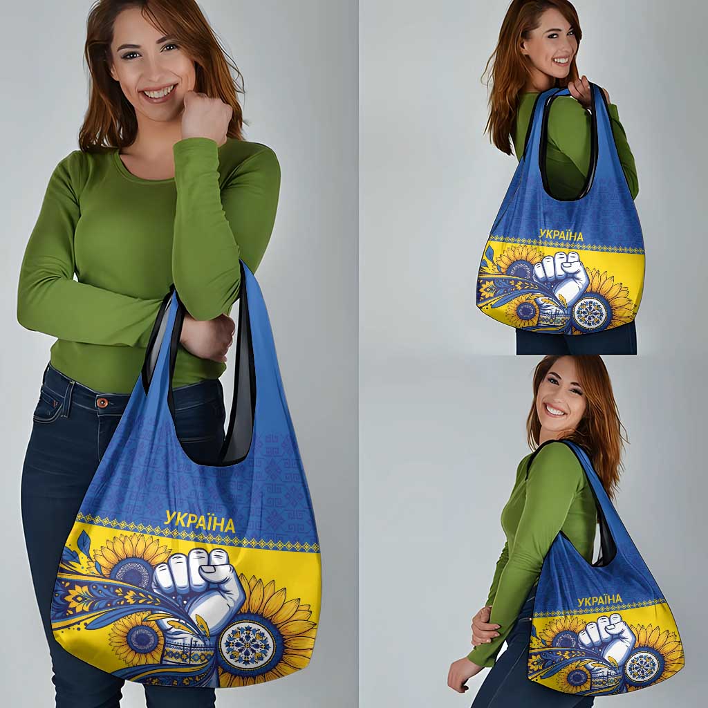 Ukraine Sunflowers Hand Grocery Bag with Ukrainian Folk Pattern - Wonder Print Shop