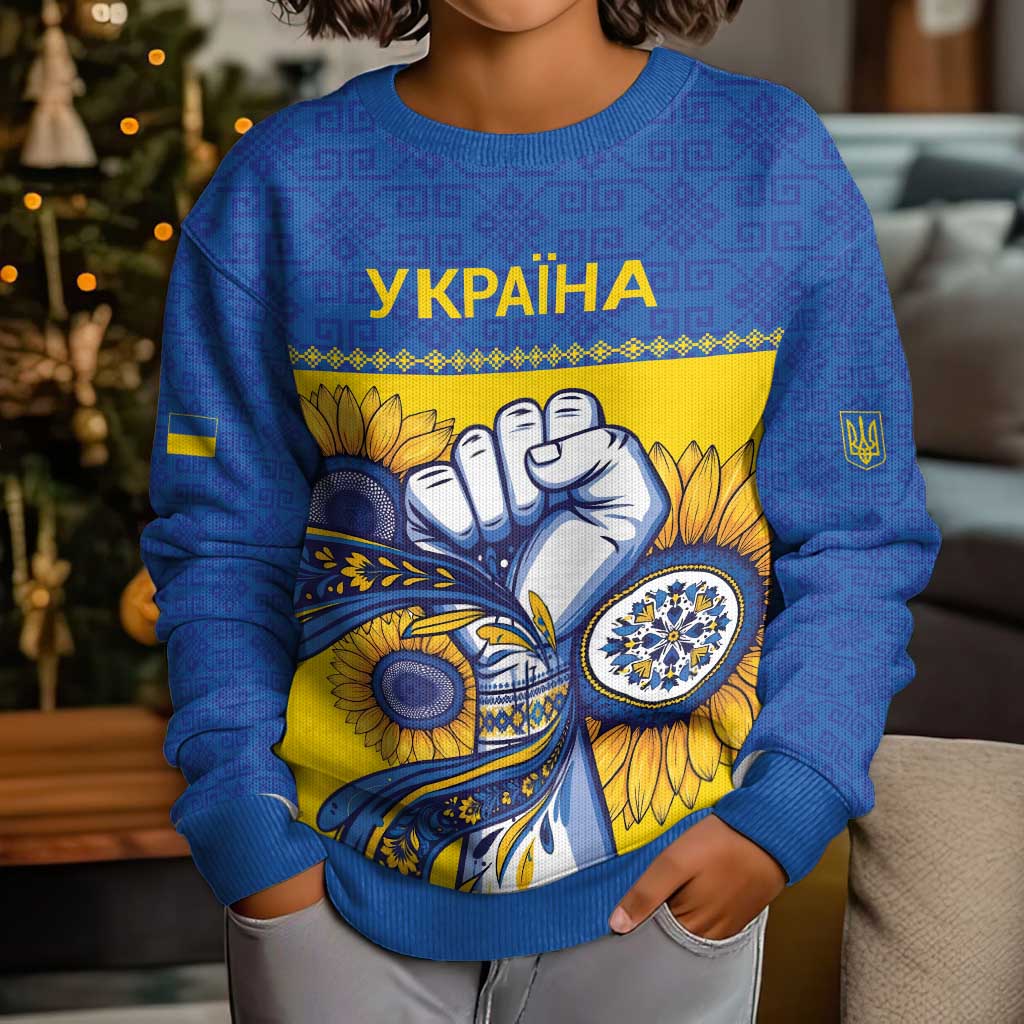 Ukraine Sunflowers Hand Kid Ugly Christmas Sweater with Ukrainian Folk Pattern - Wonder Print Shop