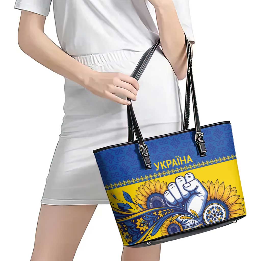 Ukraine Sunflowers Hand Leather Tote Bag with Ukrainian Folk Pattern - Wonder Print Shop