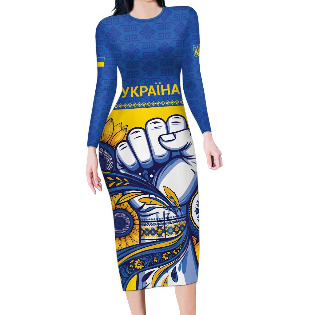 Ukraine Sunflowers Hand Long Sleeve Bodycon Dress with Ukrainian Folk Pattern - Wonder Print Shop