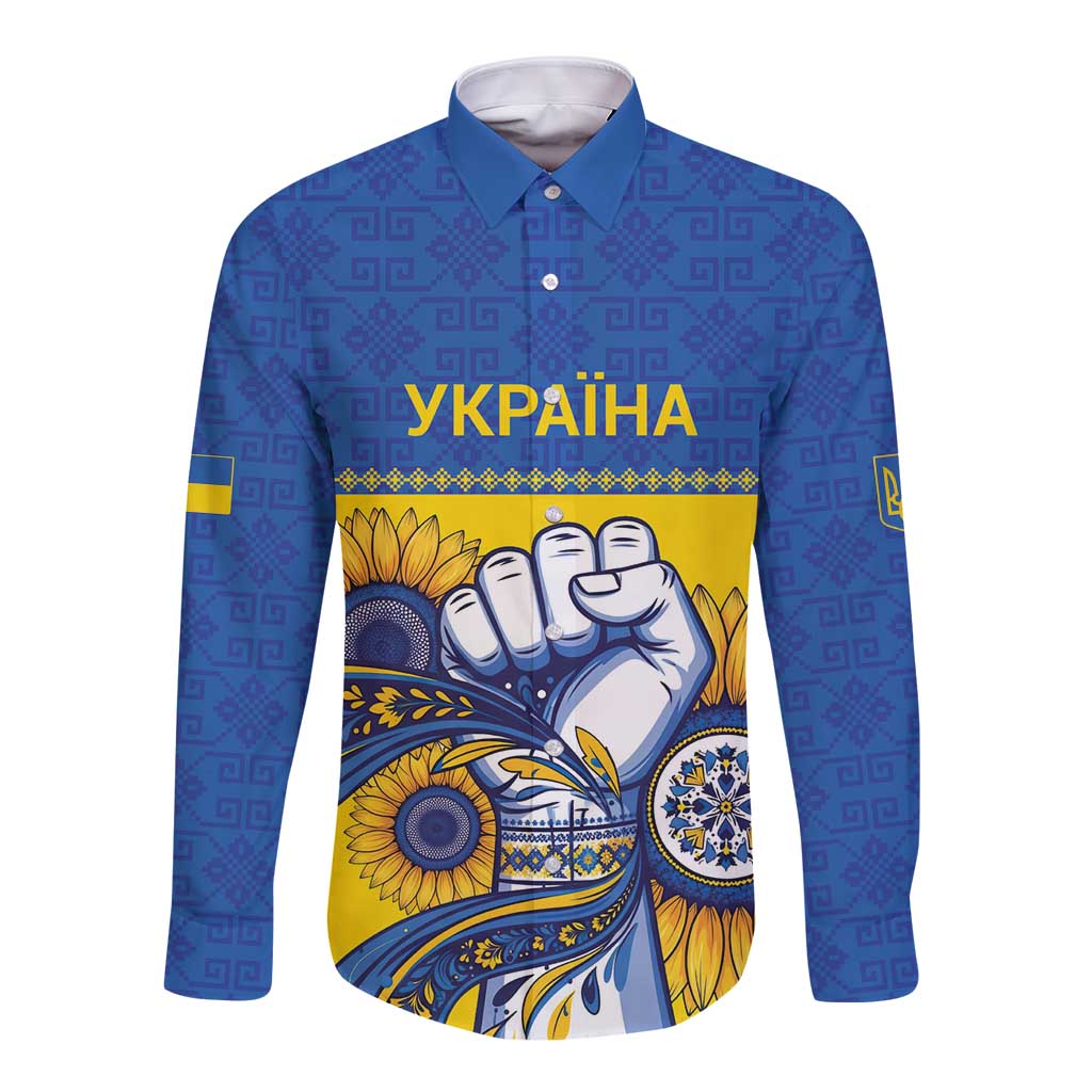 Ukraine Sunflowers Hand Long Sleeve Button Shirt with Ukrainian Folk Pattern - Wonder Print Shop