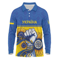 Ukraine Sunflowers Hand Long Sleeve Polo Shirt with Ukrainian Folk Pattern - Wonder Print Shop