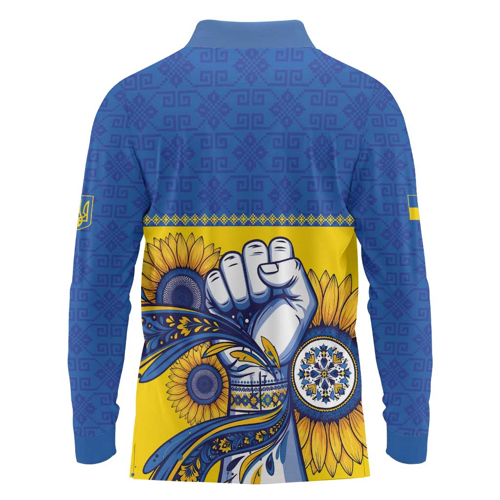 Ukraine Sunflowers Hand Long Sleeve Polo Shirt with Ukrainian Folk Pattern - Wonder Print Shop
