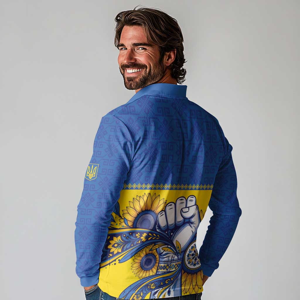 Ukraine Sunflowers Hand Long Sleeve Polo Shirt with Ukrainian Folk Pattern - Wonder Print Shop