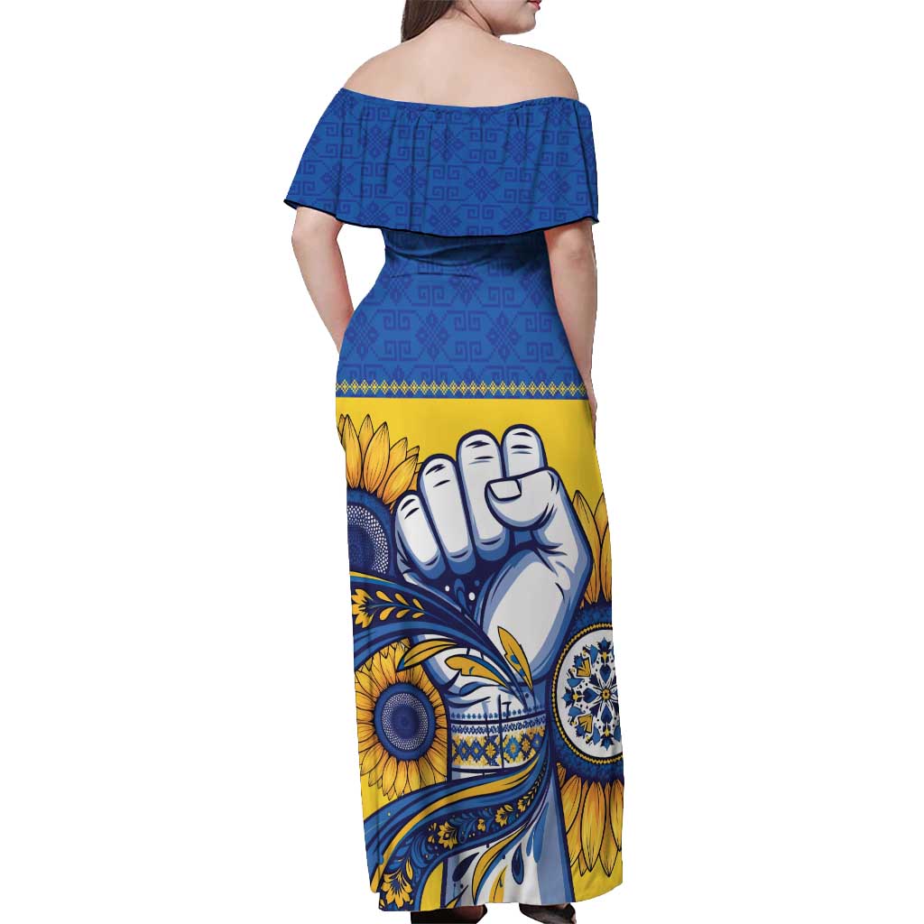 Ukraine Sunflowers Hand Off Shoulder Maxi Dress with Ukrainian Folk Pattern - Wonder Print Shop