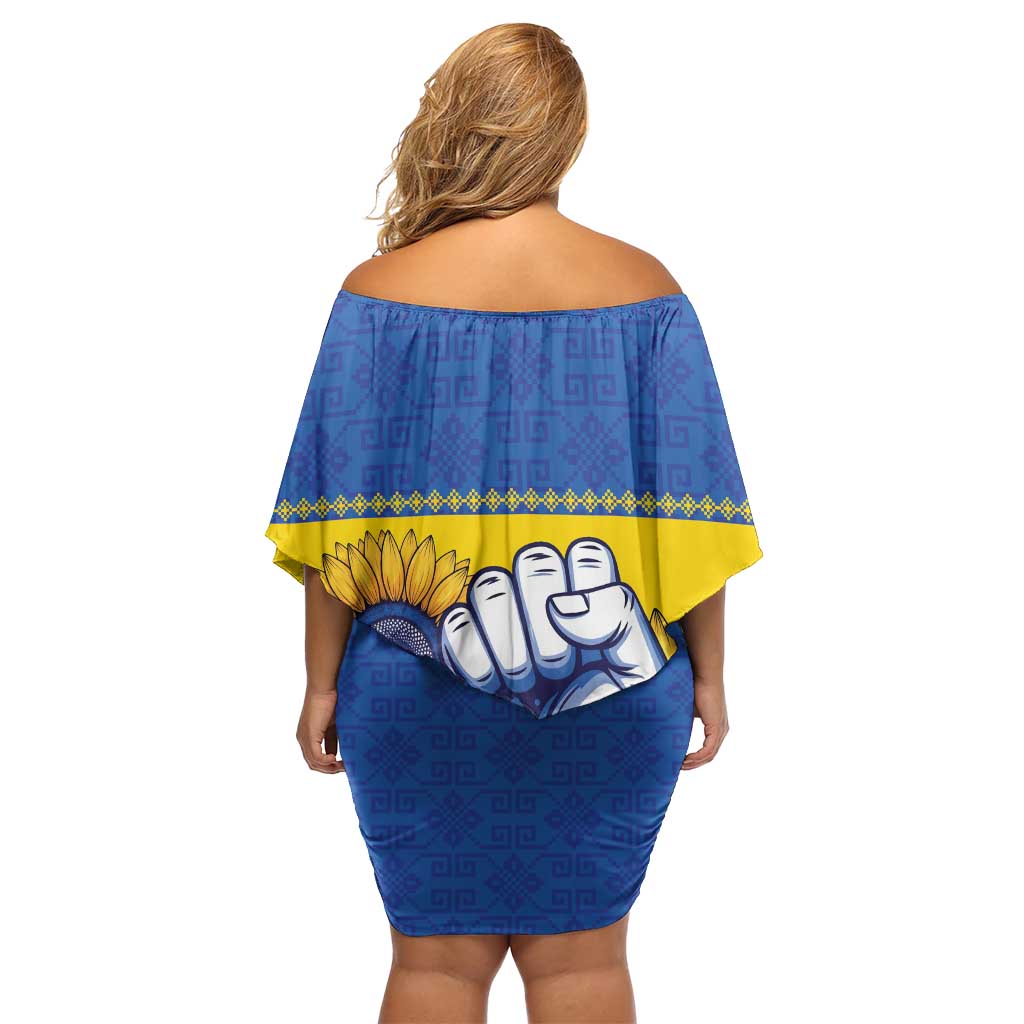 Ukraine Sunflowers Hand Off Shoulder Short Dress with Ukrainian Folk Pattern - Wonder Print Shop