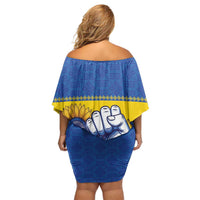 Ukraine Sunflowers Hand Off Shoulder Short Dress with Ukrainian Folk Pattern - Wonder Print Shop