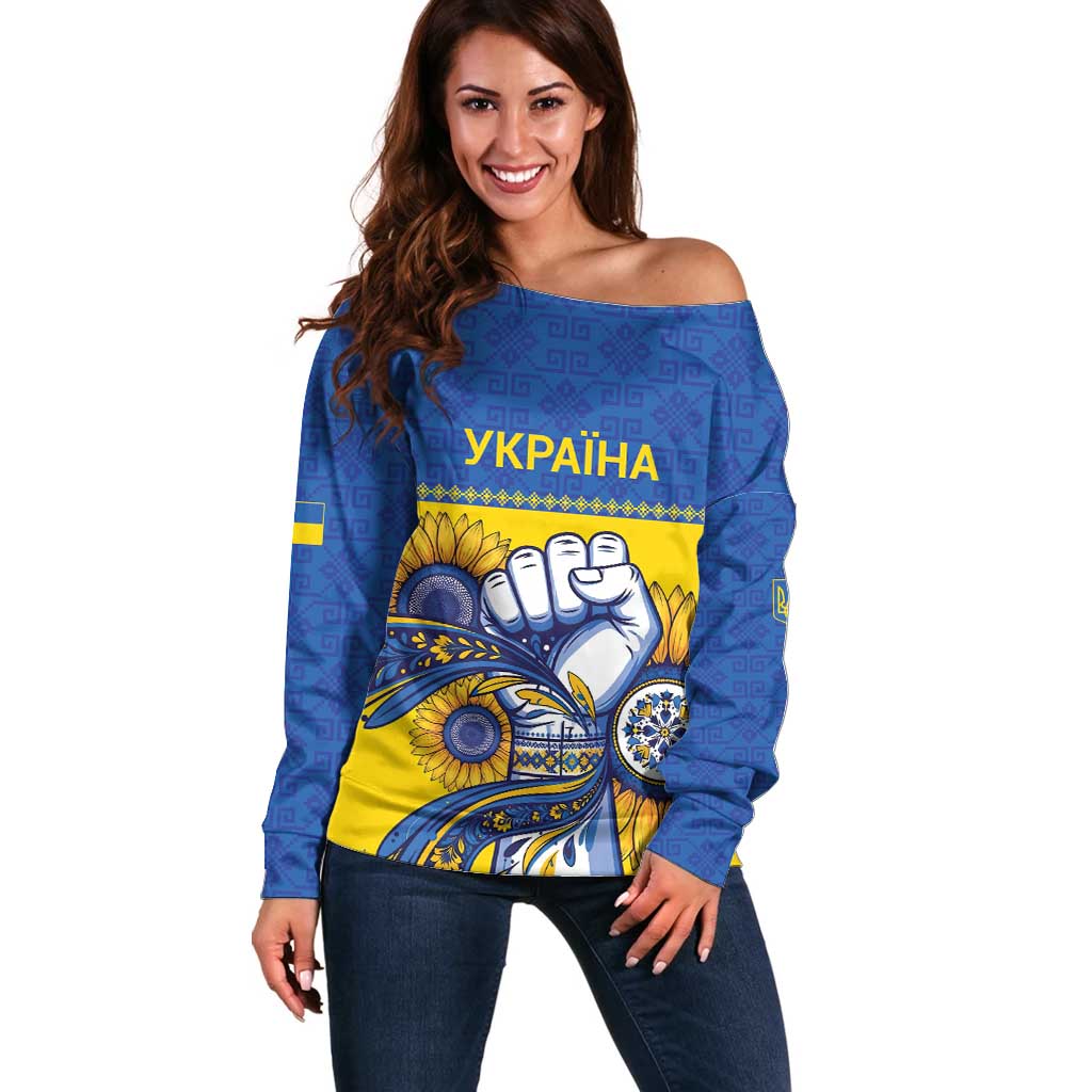 Ukraine Sunflowers Hand Off Shoulder Sweater with Ukrainian Folk Pattern - Wonder Print Shop