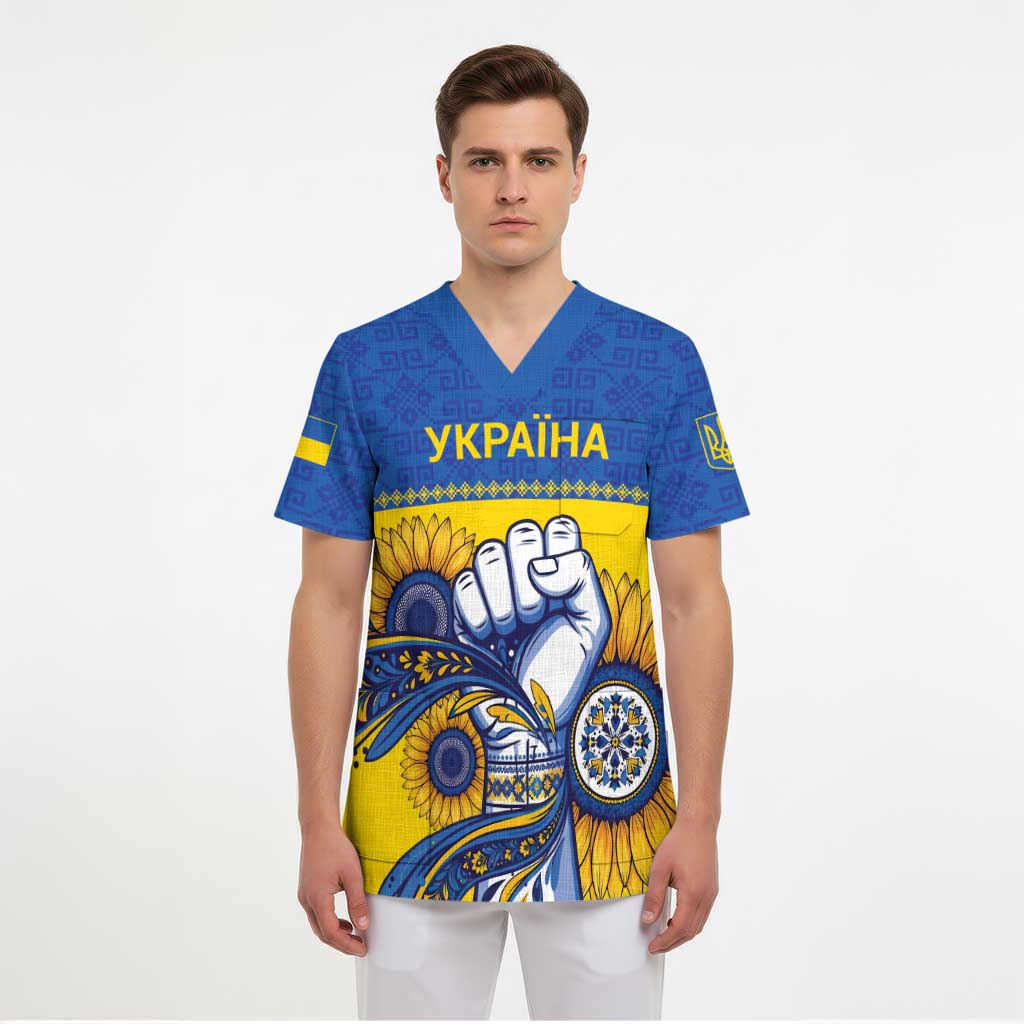 Ukraine Sunflowers Hand Scrub Top with Ukrainian Folk Pattern - Wonder Print Shop