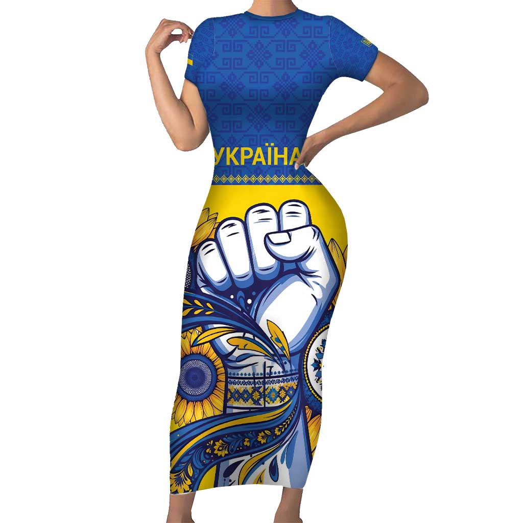 Ukraine Sunflowers Hand Short Sleeve Bodycon Dress with Ukrainian Folk Pattern - Wonder Print Shop