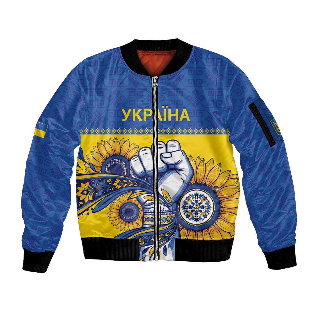 Ukraine Sunflowers Hand Sleeve Zip Bomber Jacket with Ukrainian Folk Pattern - Wonder Print Shop