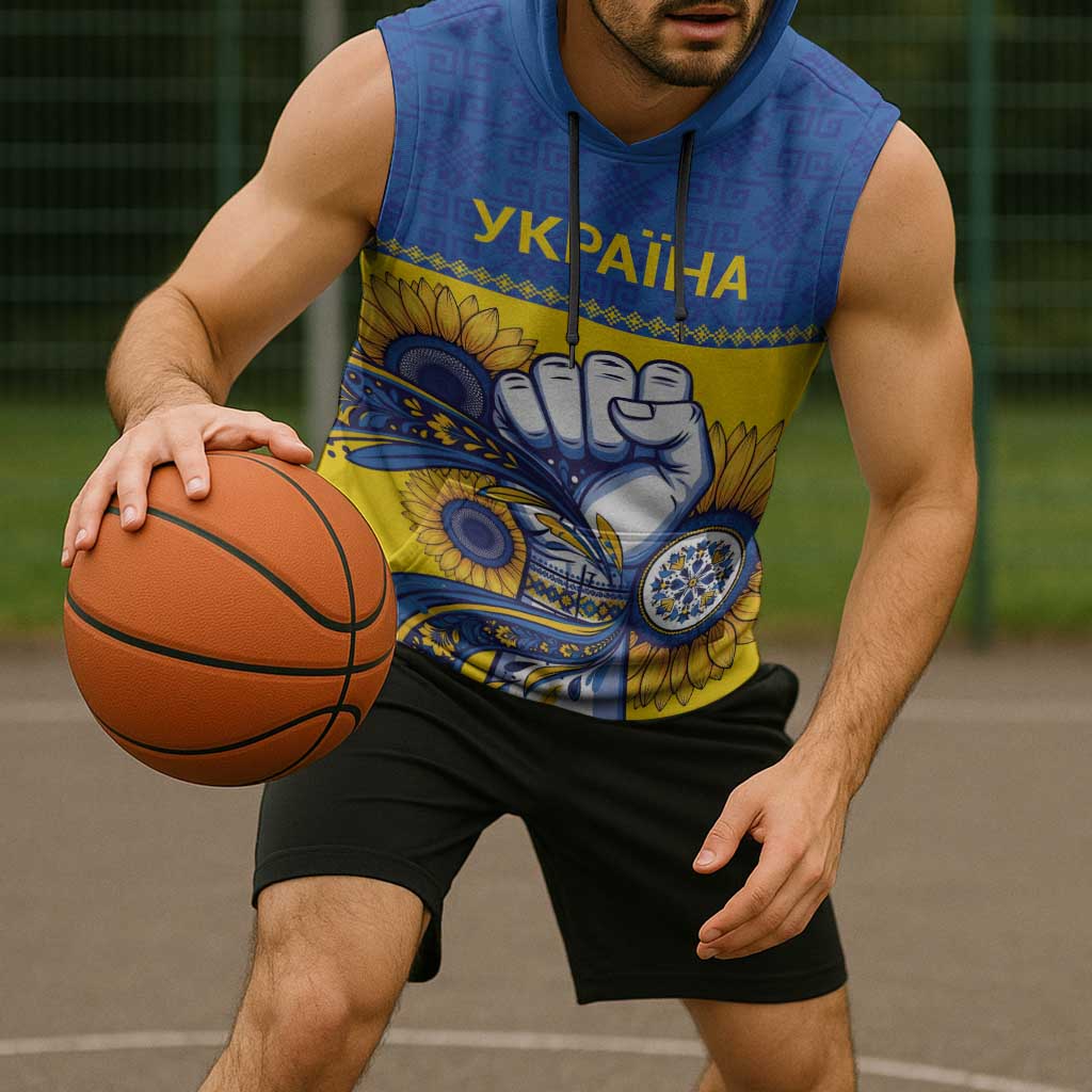 Ukraine Sunflowers Hand Sleeveless Hoodie with Ukrainian Folk Pattern - Wonder Print Shop