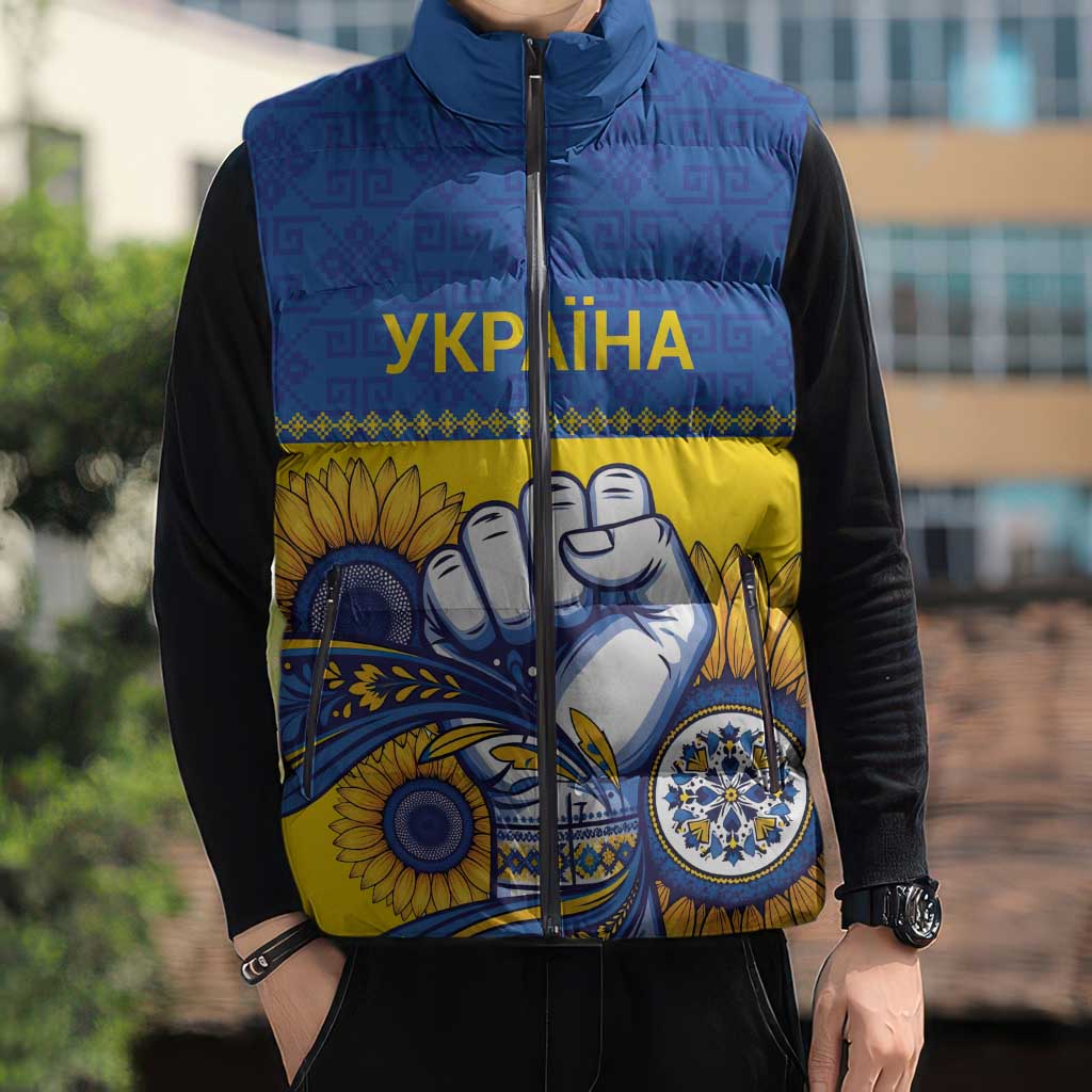 Ukraine Sunflowers Hand Sleeveless Puffer Jacket with Ukrainian Folk Pattern - Wonder Print Shop