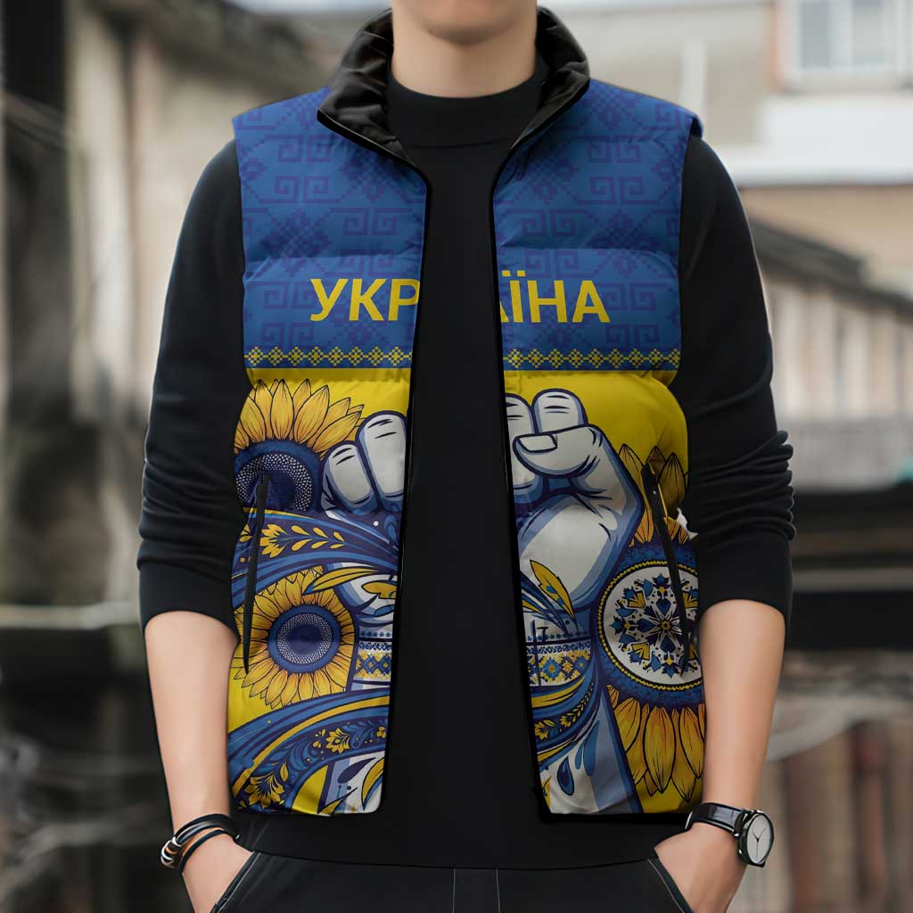 Ukraine Sunflowers Hand Sleeveless Puffer Jacket with Ukrainian Folk Pattern - Wonder Print Shop