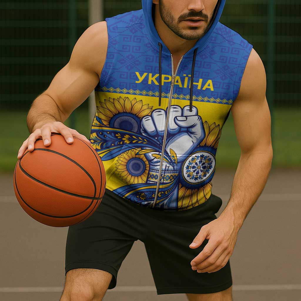 Ukraine Sunflowers Hand Sleeveless Zip Hoodie with Ukrainian Folk Pattern - Wonder Print Shop