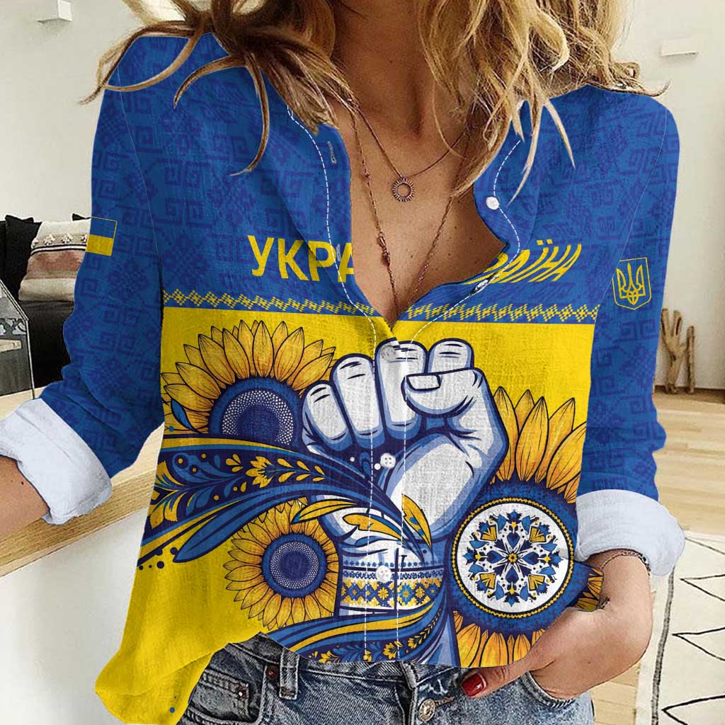 Ukraine Sunflowers Hand Women Casual Shirt with Ukrainian Folk Pattern - Wonder Print Shop