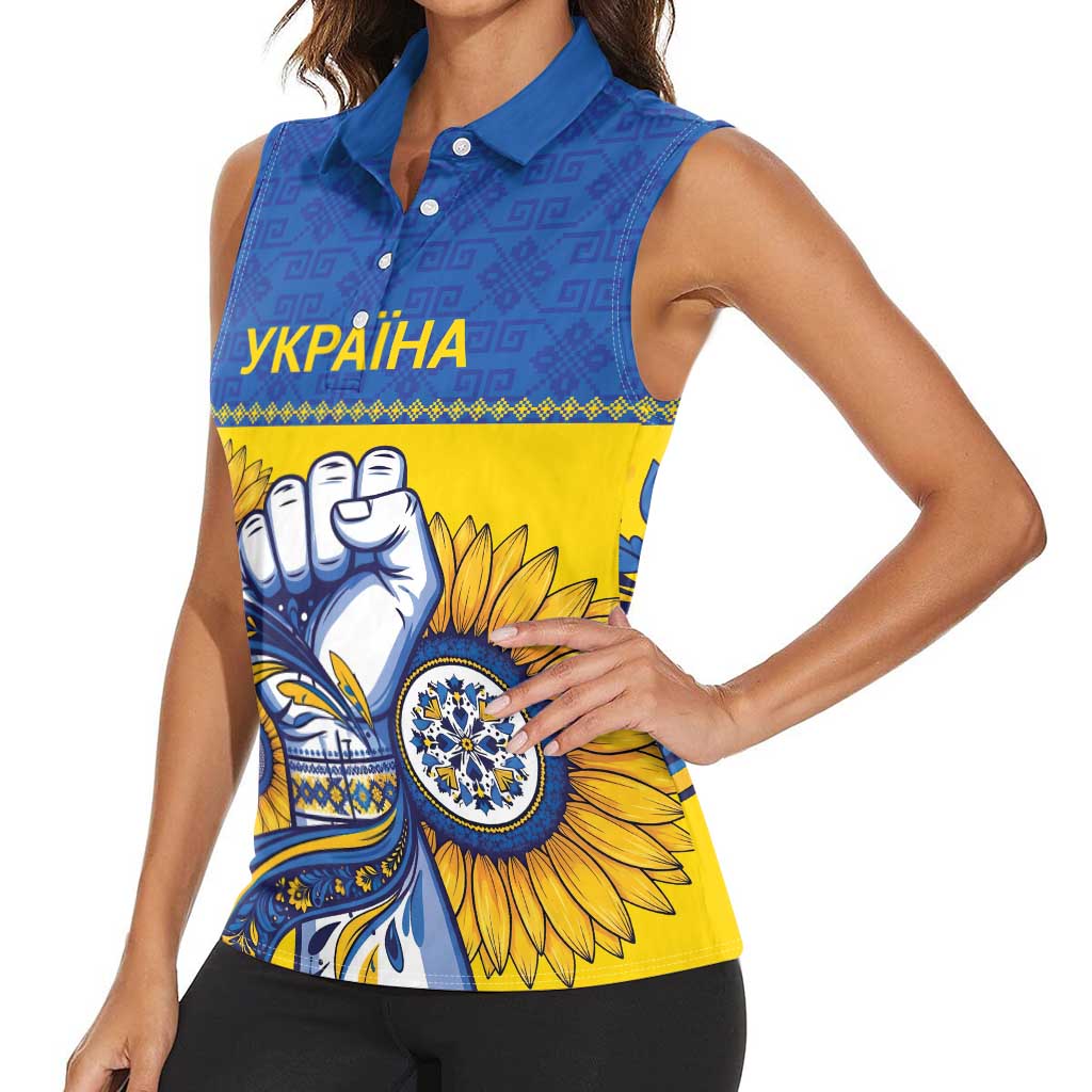 Ukraine Sunflowers Hand Women Sleeveless Polo Shirt with Ukrainian Folk Pattern - Wonder Print Shop