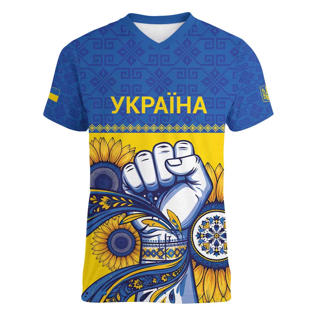 Ukraine Sunflowers Hand Women V-Neck T-Shirt with Ukrainian Folk Pattern - Wonder Print Shop