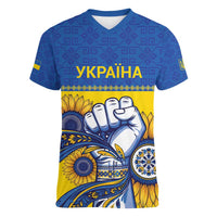 Ukraine Sunflowers Hand Women V-Neck T-Shirt with Ukrainian Folk Pattern - Wonder Print Shop
