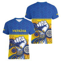 Ukraine Sunflowers Hand Women V-Neck T-Shirt with Ukrainian Folk Pattern - Wonder Print Shop