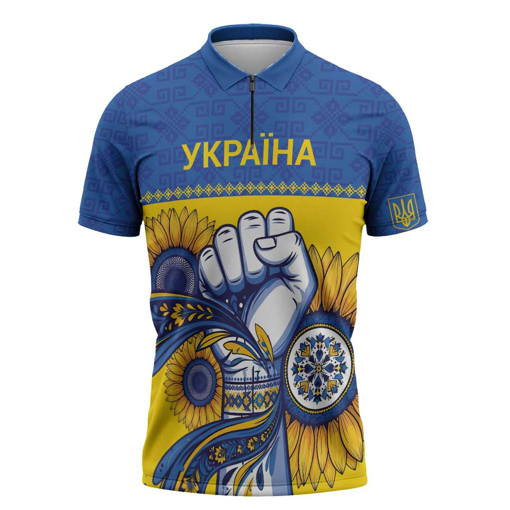 Ukraine Sunflowers Hand Zipper Polo Shirt with Ukrainian Folk Pattern - Wonder Print Shop