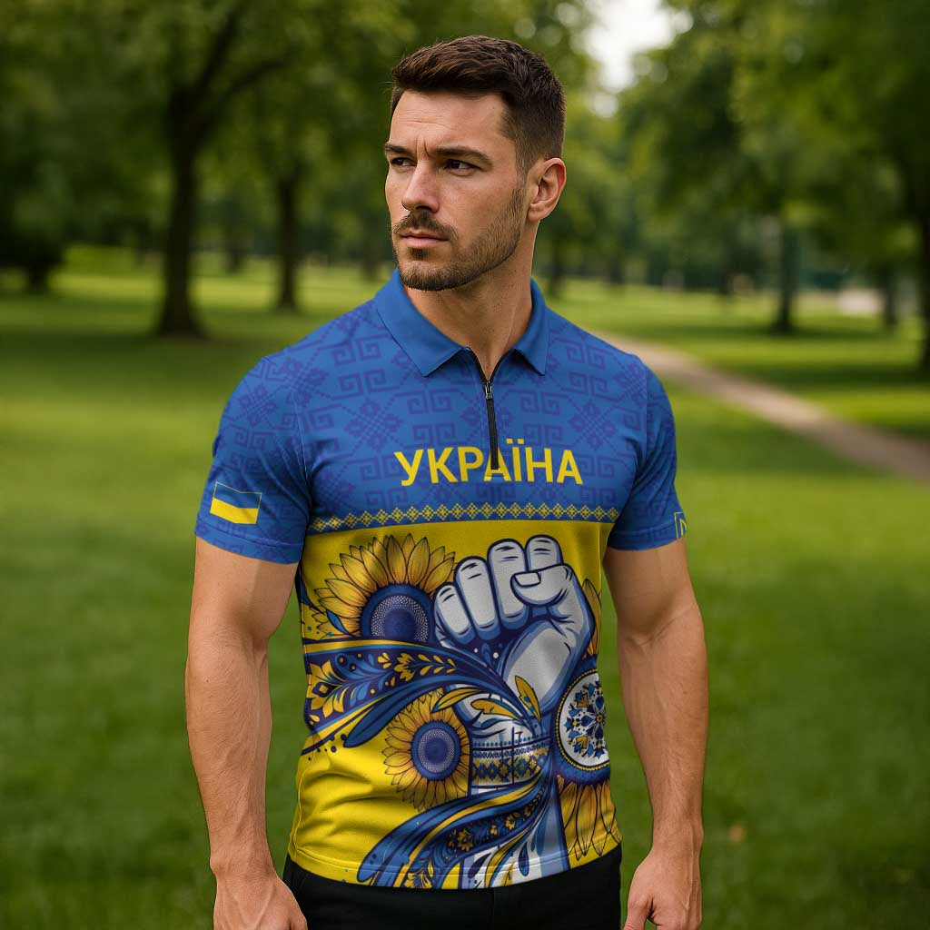 Ukraine Sunflowers Hand Zipper Polo Shirt with Ukrainian Folk Pattern - Wonder Print Shop