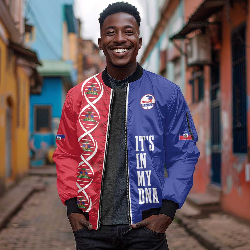 Custom Afro-Haiti Football Sleeve Zip Bomber Jacket It's In My DNA - Wonder Print Shop