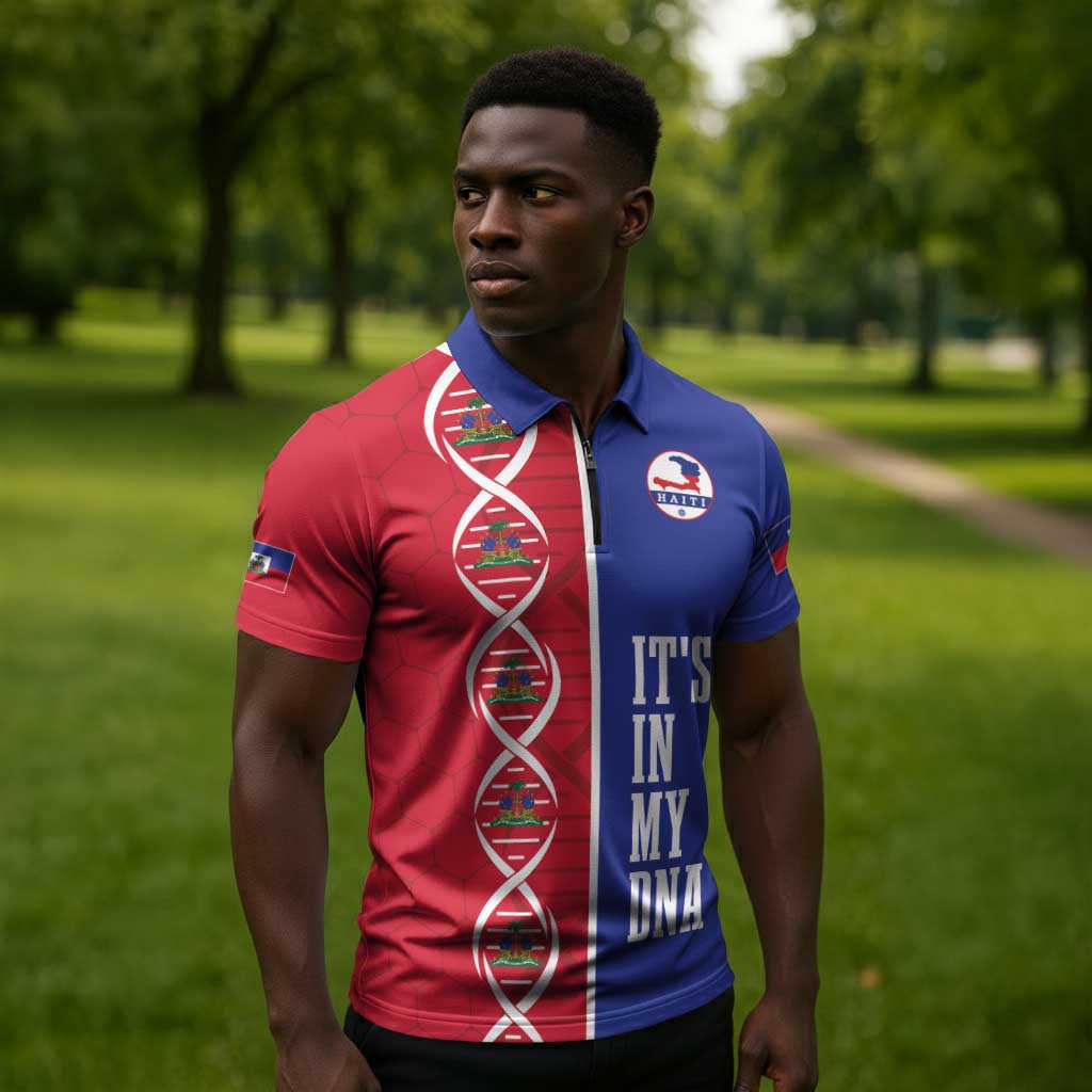 Custom Afro-Haiti Football Zipper Polo Shirt It's In My DNA - Wonder Print Shop