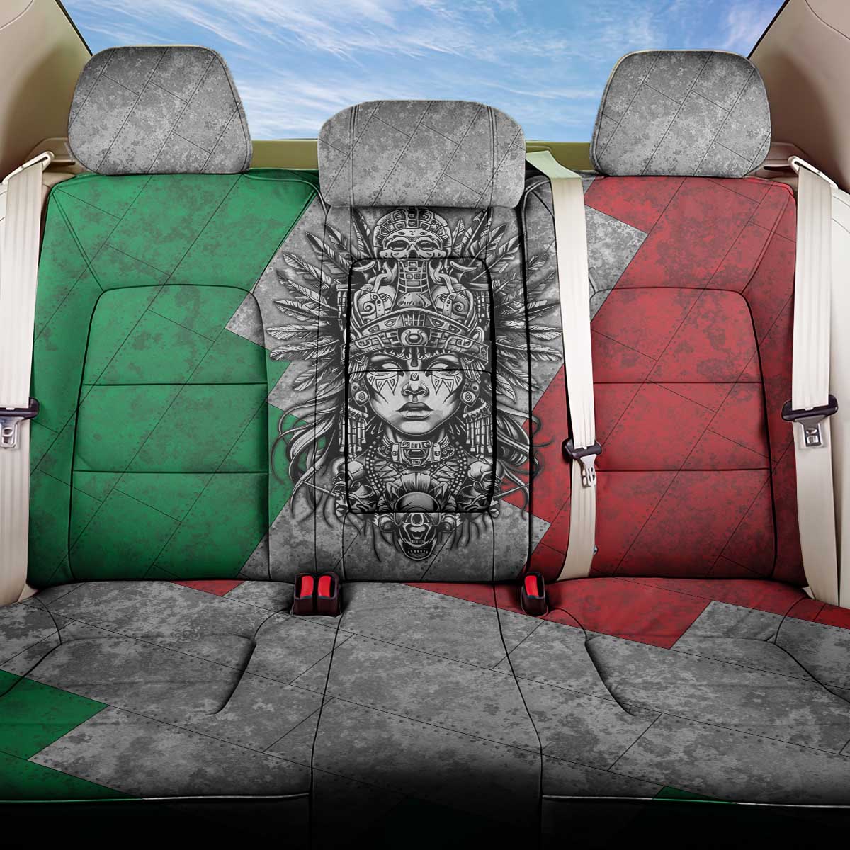 Mexico Aztec Warrior Goddess Back Car Seat Cover Aztec Tribal Skull Tricolor Armor
