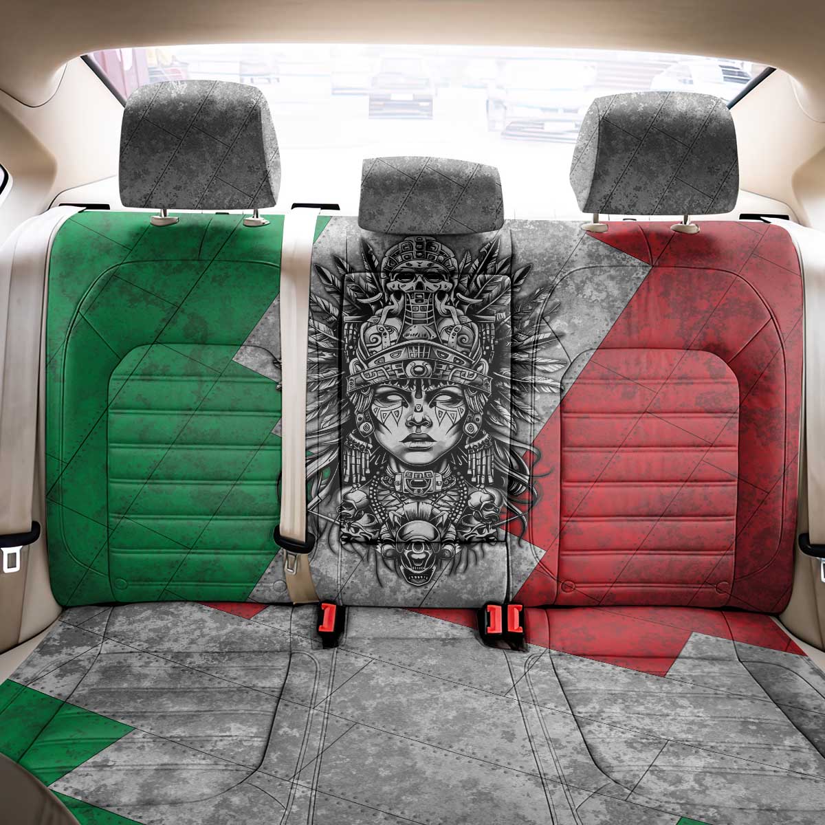 Mexico Aztec Warrior Goddess Back Car Seat Cover Aztec Tribal Skull Tricolor Armor