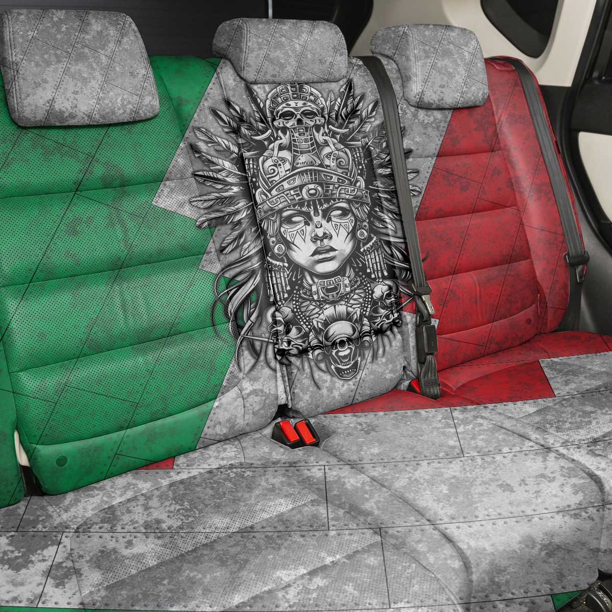 Mexico Aztec Warrior Goddess Back Car Seat Cover Aztec Tribal Skull Tricolor Armor