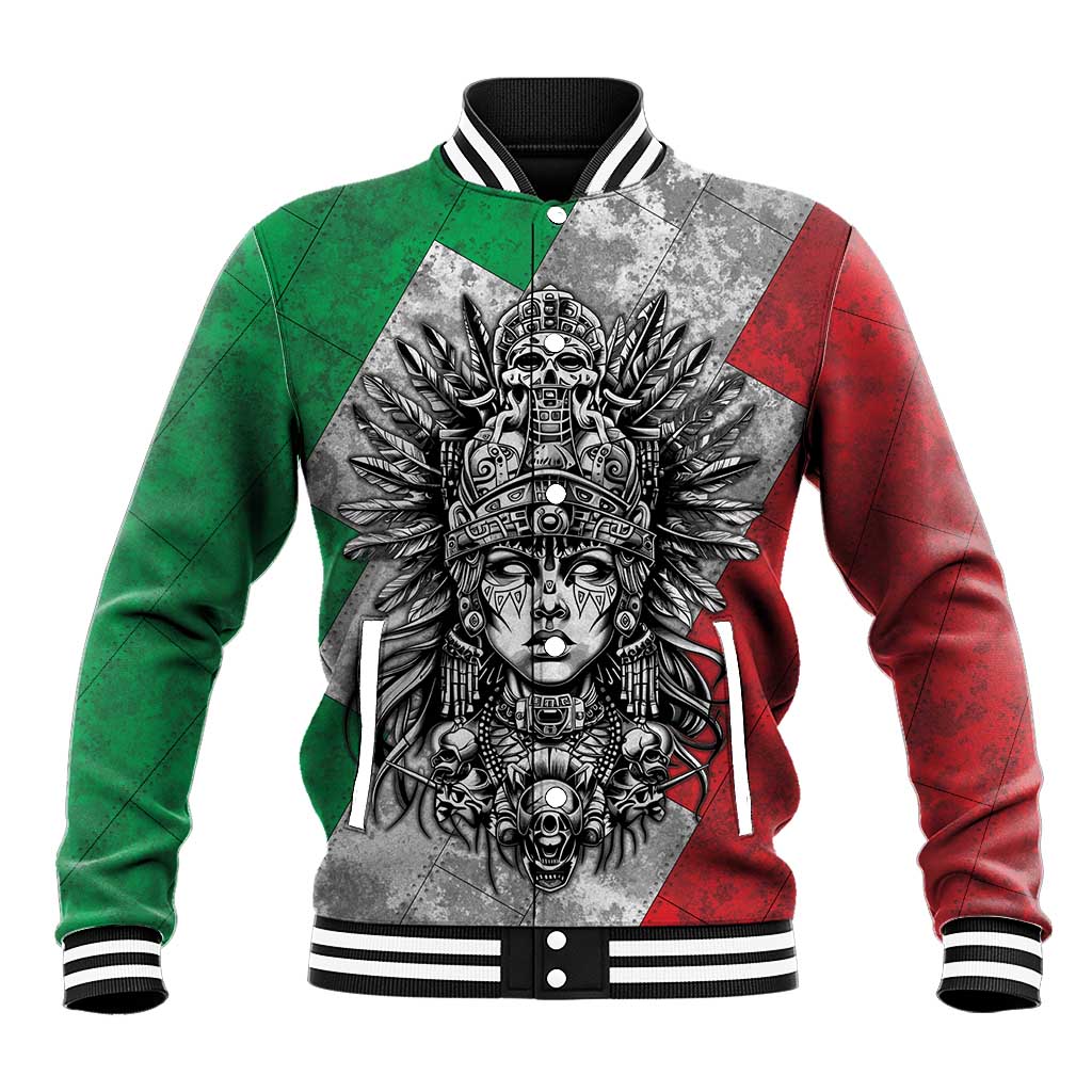 Mexico Aztec Warrior Goddess Baseball Jacket Aztec Tribal Skull Tricolor Armor