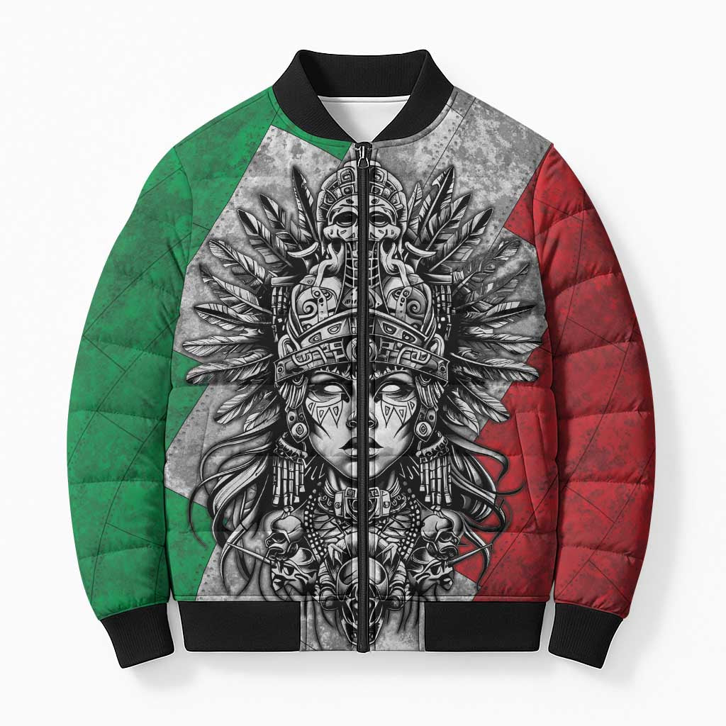 Mexico Aztec Warrior Goddess Bomber Puffer Jacket Aztec Tribal Skull Tricolor Armor