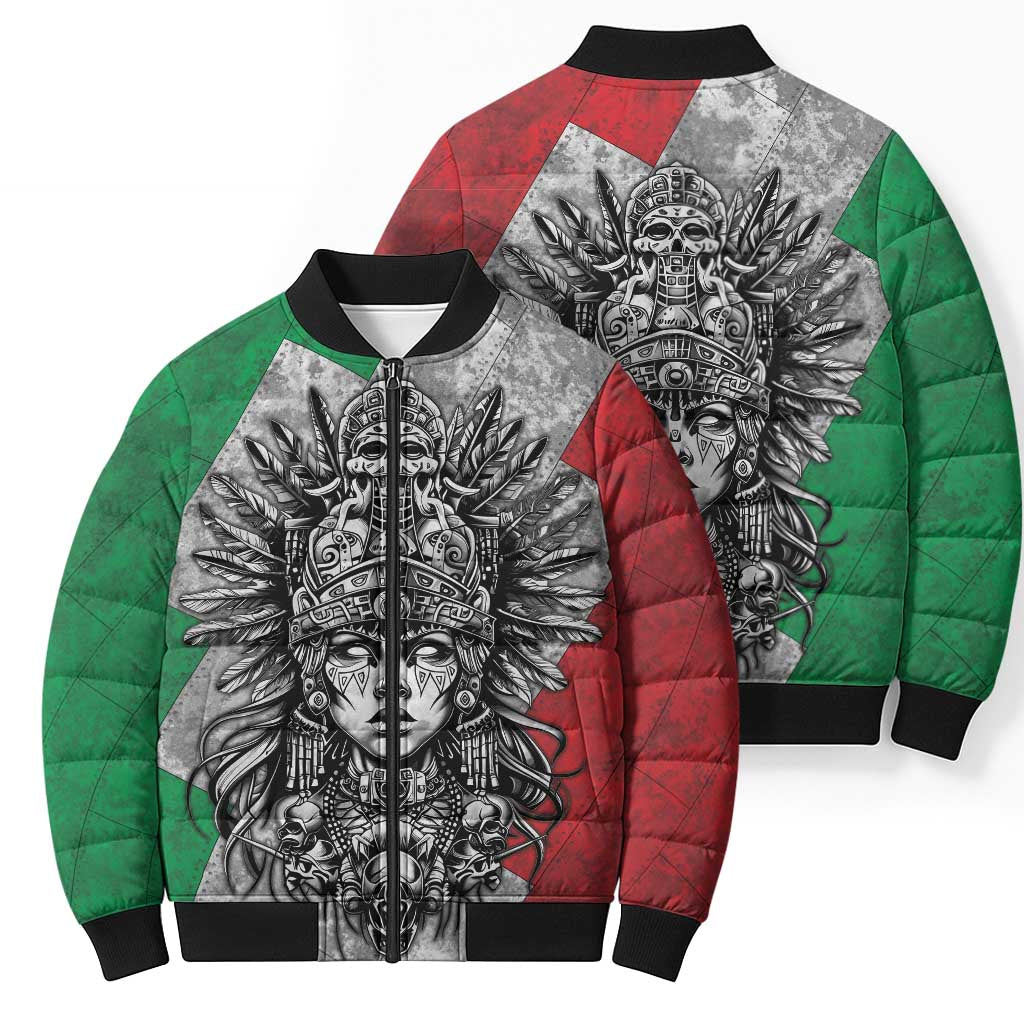 Mexico Aztec Warrior Goddess Bomber Puffer Jacket Aztec Tribal Skull Tricolor Armor