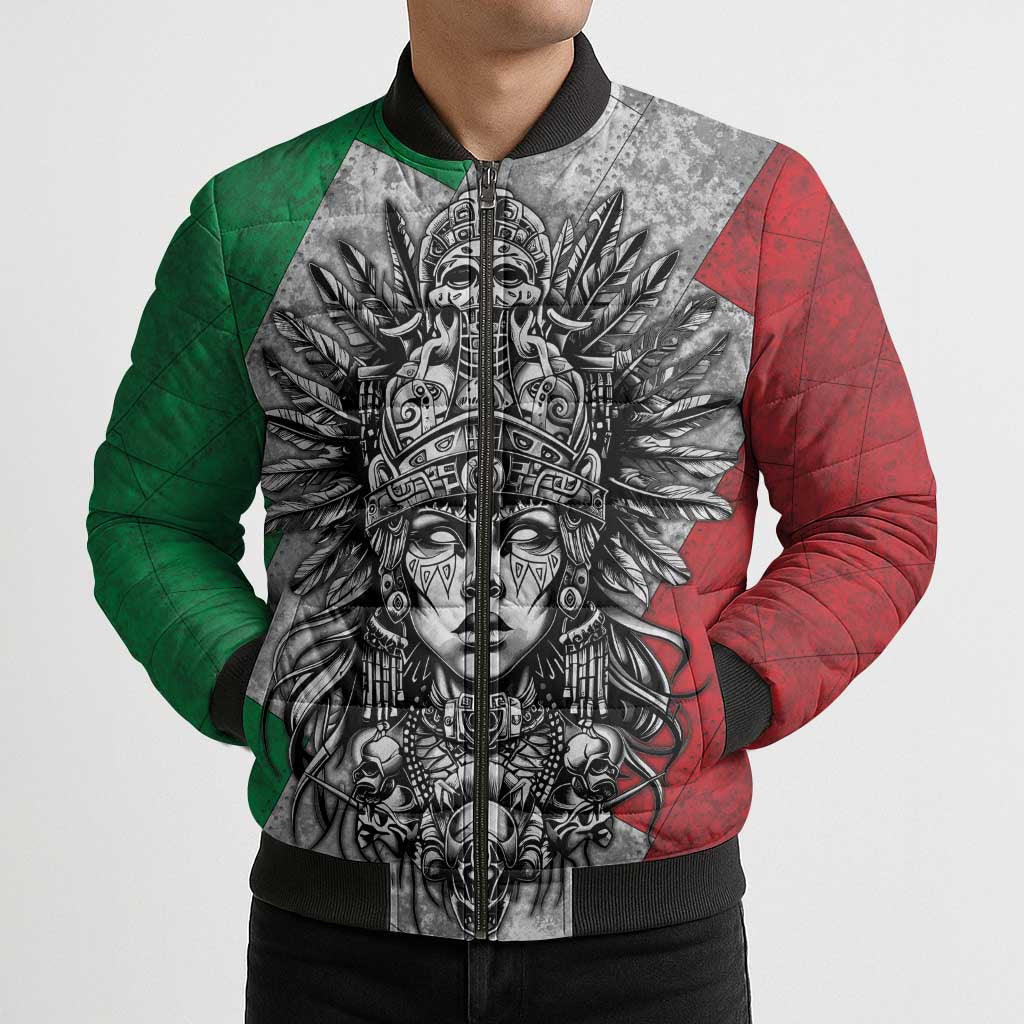 Mexico Aztec Warrior Goddess Bomber Puffer Jacket Aztec Tribal Skull Tricolor Armor