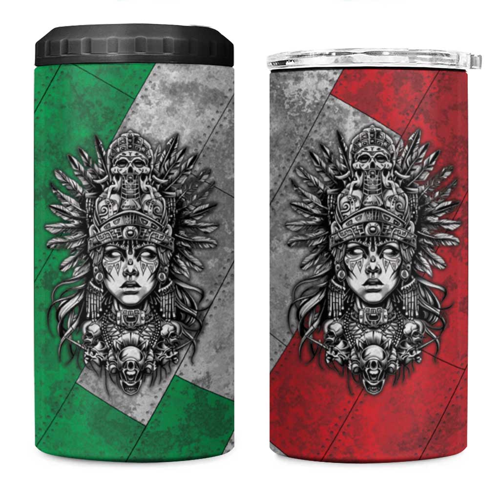 Mexico Aztec Warrior Goddess 4 in 1 Can Cooler Tumbler Aztec Tribal Skull Tricolor Armor