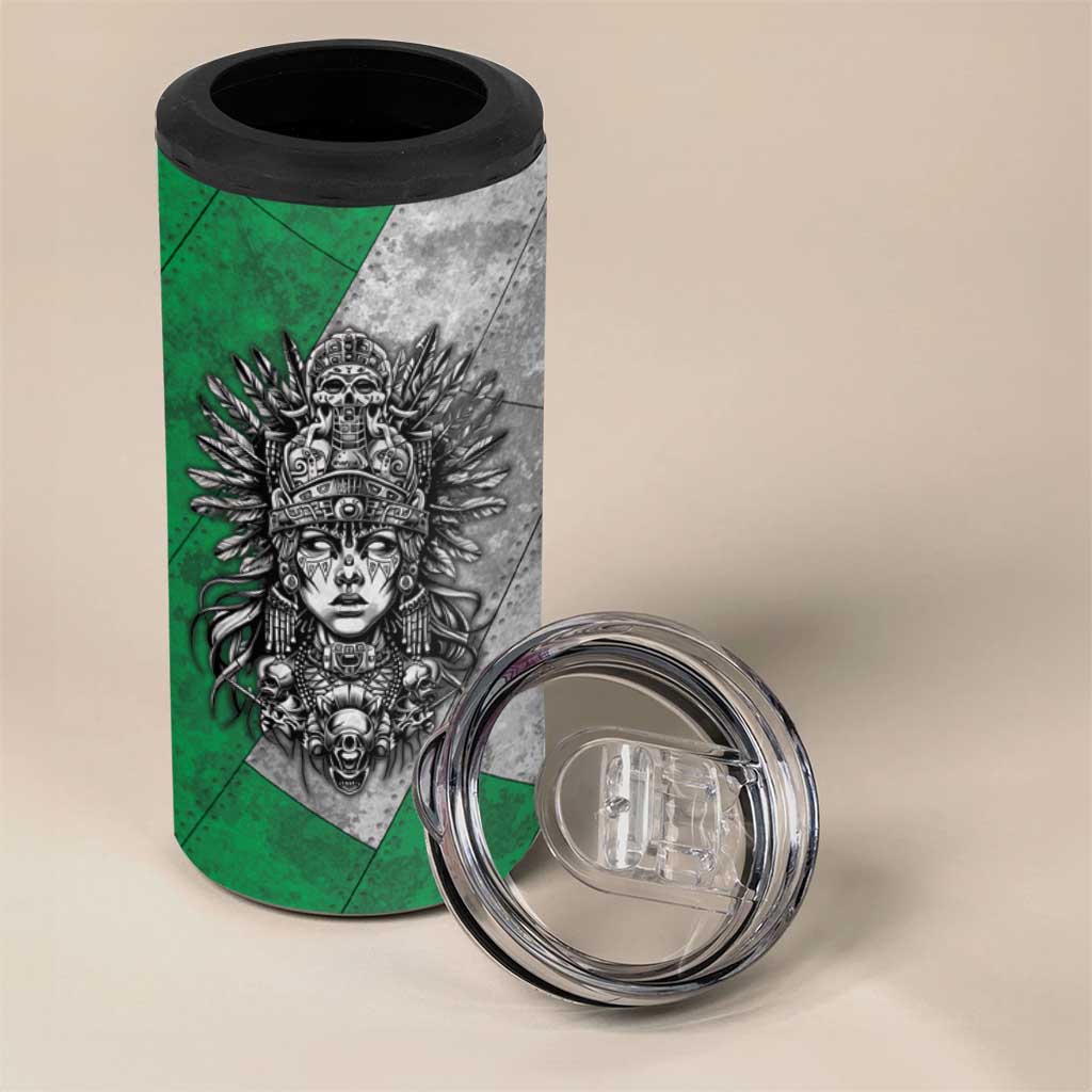 Mexico Aztec Warrior Goddess 4 in 1 Can Cooler Tumbler Aztec Tribal Skull Tricolor Armor