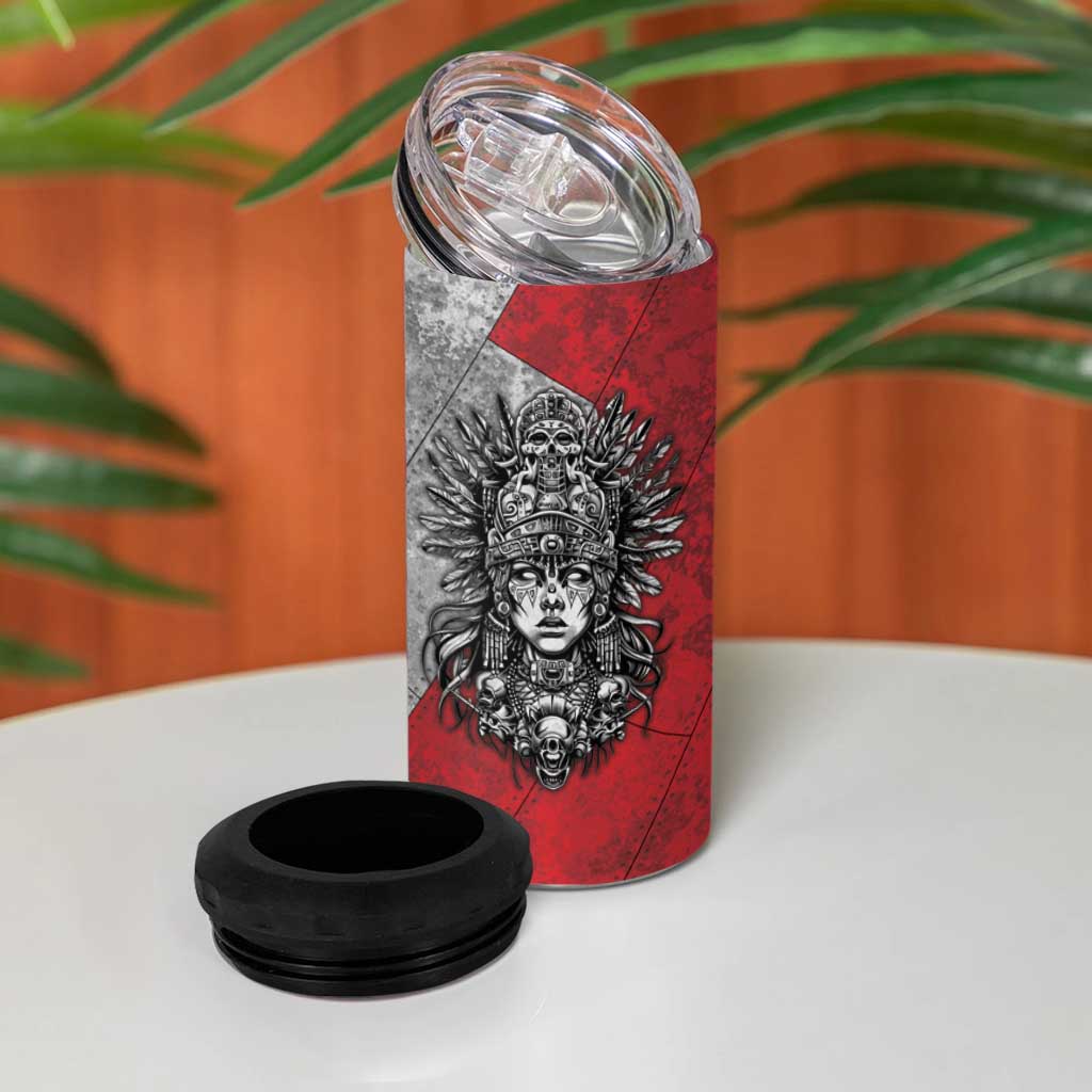 Mexico Aztec Warrior Goddess 4 in 1 Can Cooler Tumbler Aztec Tribal Skull Tricolor Armor