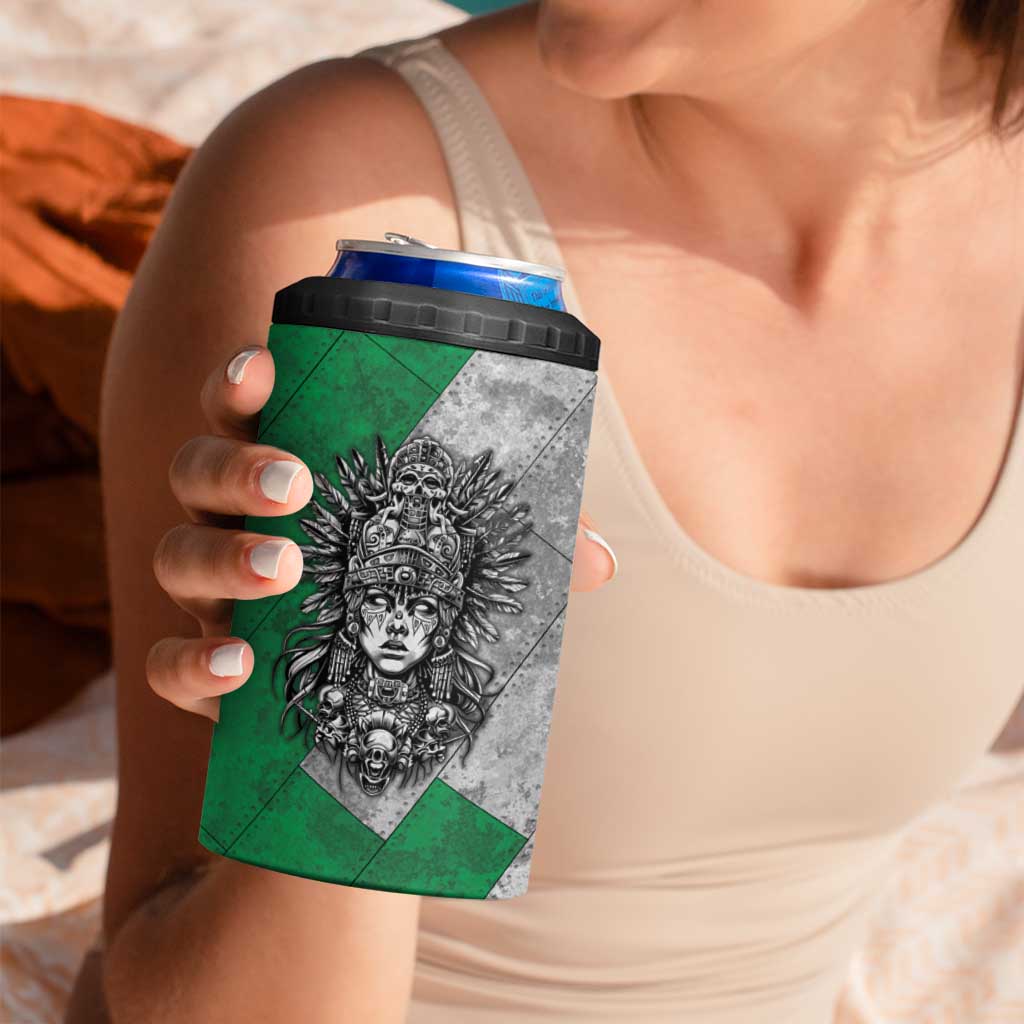 Mexico Aztec Warrior Goddess 4 in 1 Can Cooler Tumbler Aztec Tribal Skull Tricolor Armor