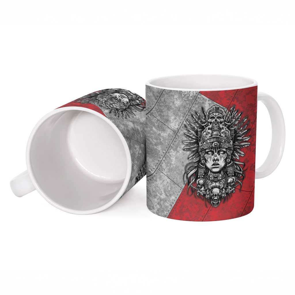 Mexico Aztec Warrior Goddess Ceramic Mug Aztec Tribal Skull Tricolor Armor