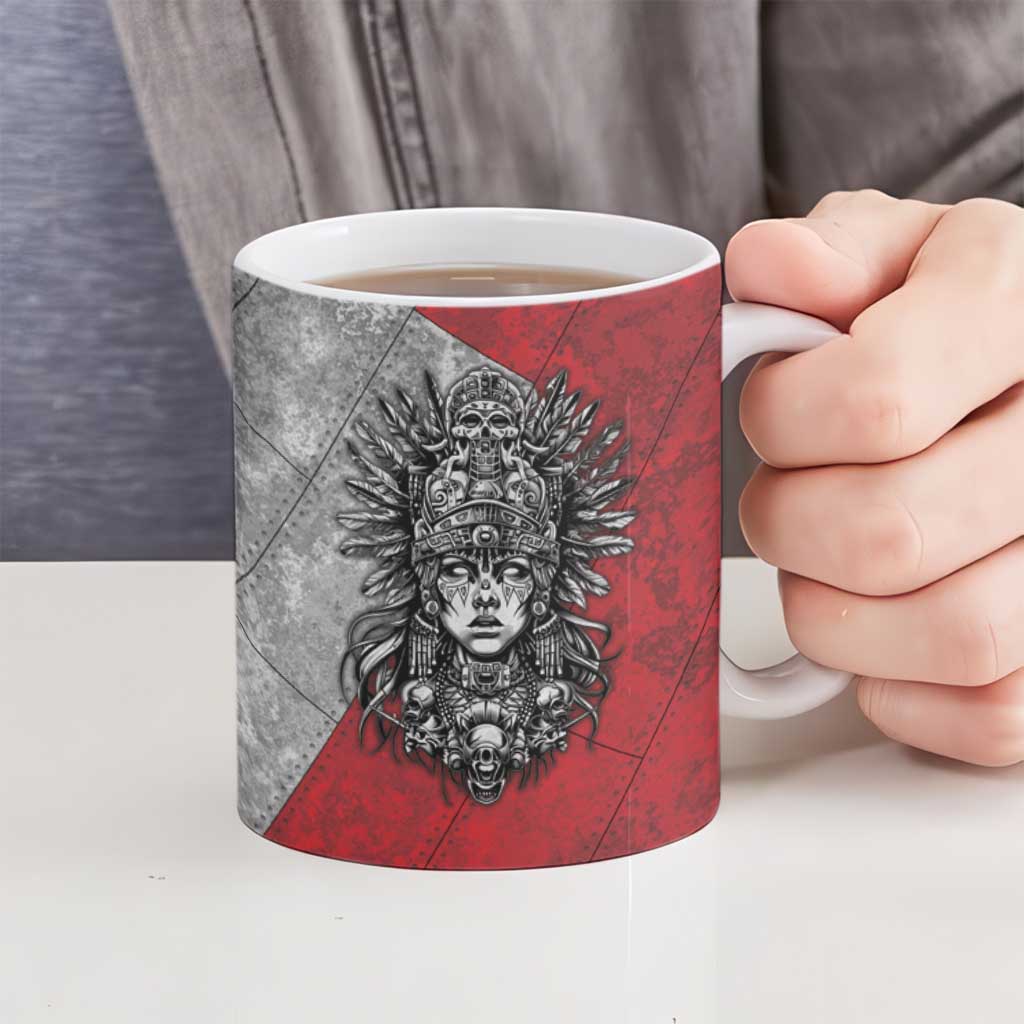 Mexico Aztec Warrior Goddess Ceramic Mug Aztec Tribal Skull Tricolor Armor