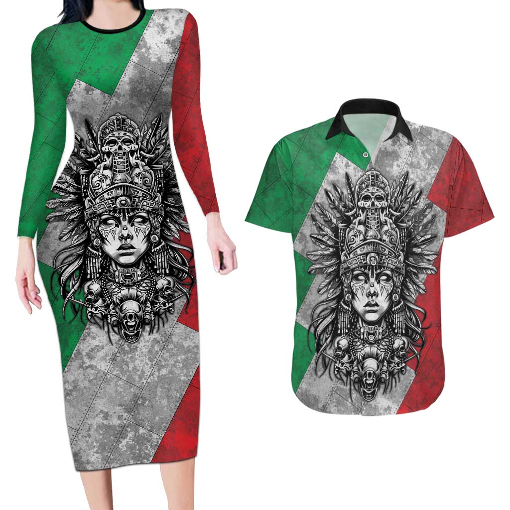 Mexico Aztec Warrior Goddess Couples Matching Long Sleeve Bodycon Dress and Hawaiian Shirt Aztec Tribal Skull Tricolor Armor
