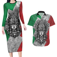 Mexico Aztec Warrior Goddess Couples Matching Long Sleeve Bodycon Dress and Hawaiian Shirt Aztec Tribal Skull Tricolor Armor
