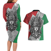 Mexico Aztec Warrior Goddess Couples Matching Long Sleeve Bodycon Dress and Hawaiian Shirt Aztec Tribal Skull Tricolor Armor