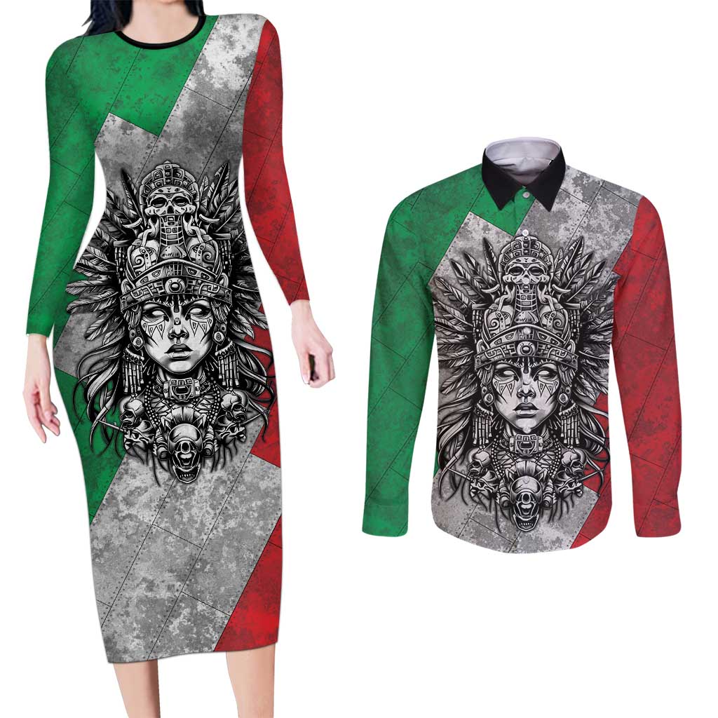 Mexico Aztec Warrior Goddess Couples Matching Long Sleeve Bodycon Dress and Long Sleeve Button Shirt Aztec Tribal Skull Tricolor Armor