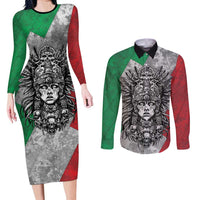 Mexico Aztec Warrior Goddess Couples Matching Long Sleeve Bodycon Dress and Long Sleeve Button Shirt Aztec Tribal Skull Tricolor Armor