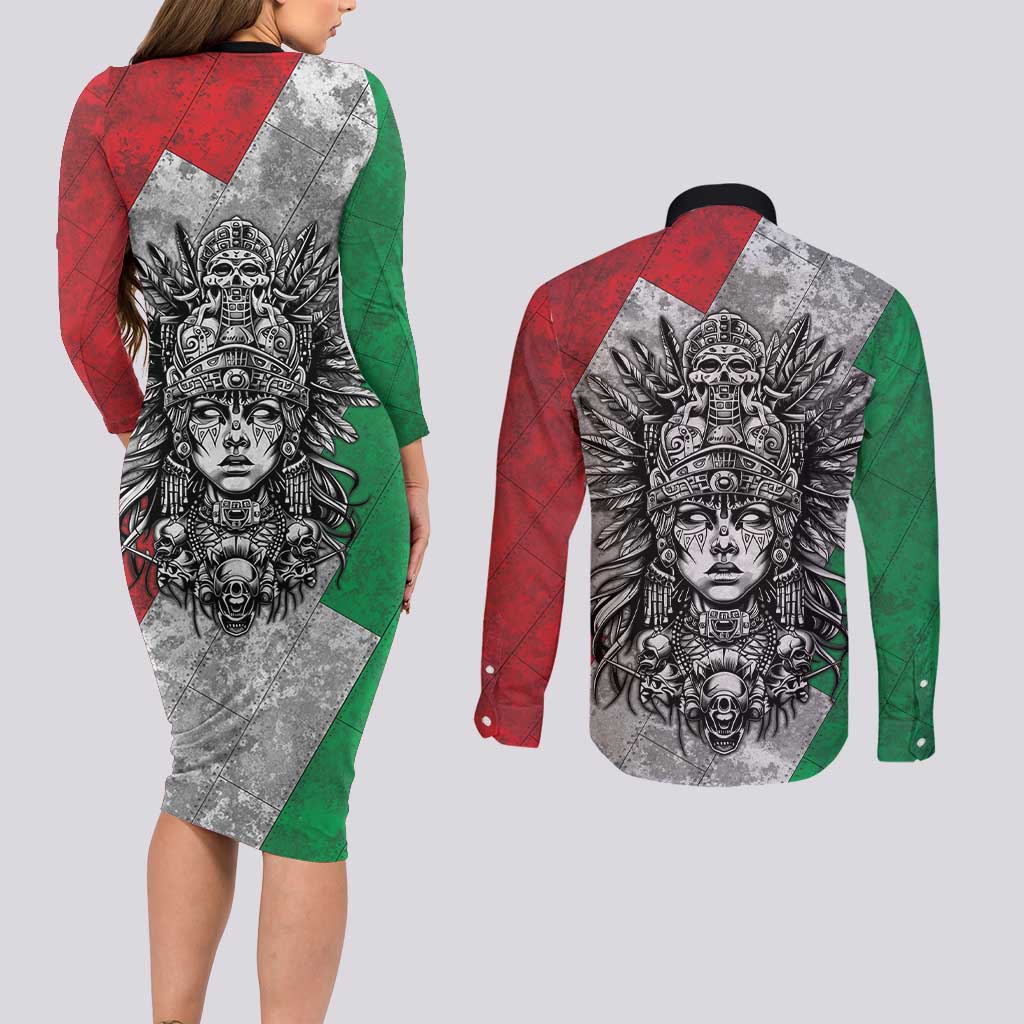 Mexico Aztec Warrior Goddess Couples Matching Long Sleeve Bodycon Dress and Long Sleeve Button Shirt Aztec Tribal Skull Tricolor Armor