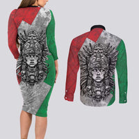 Mexico Aztec Warrior Goddess Couples Matching Long Sleeve Bodycon Dress and Long Sleeve Button Shirt Aztec Tribal Skull Tricolor Armor